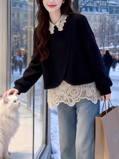 plus Size Lace Splice Loose Fit Sweatshirt Women's Fake Two-Piece Style Autumn Winter New Arrival Korean Commute Fashion