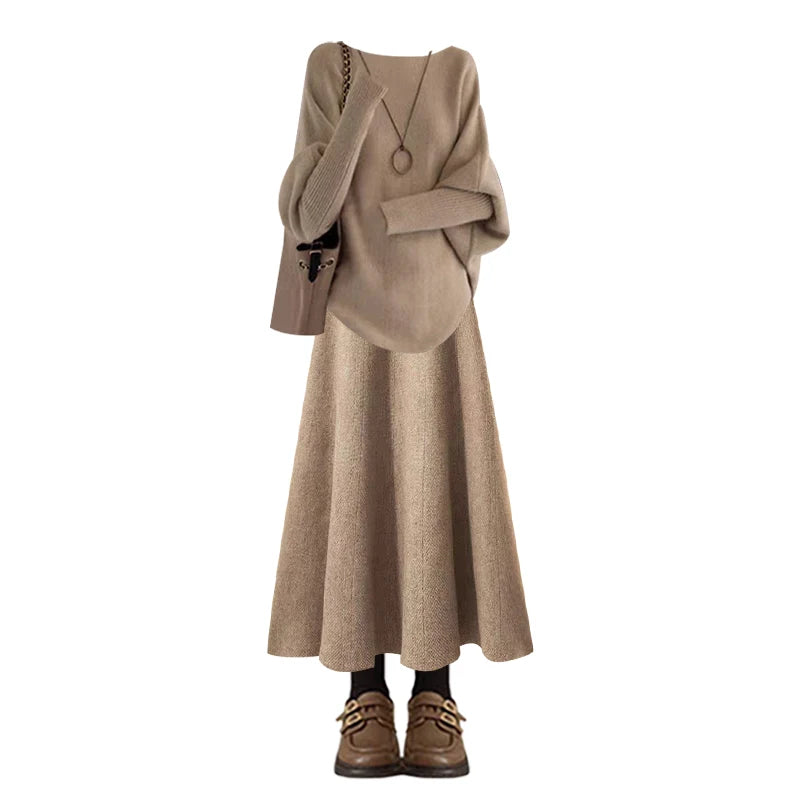 Retro Knitted Sweater And High Waist  Skirt Set for Women Elegant Autumn Winter Fashion Two Piece Ensemble Slimming Effect
