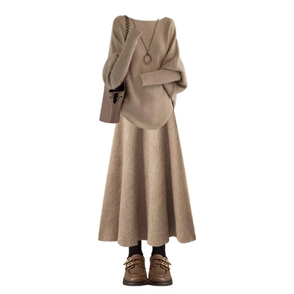 Retro Knitted Sweater And High Waist  Skirt Set for Women Elegant Autumn Winter Fashion Two Piece Ensemble Slimming Effect