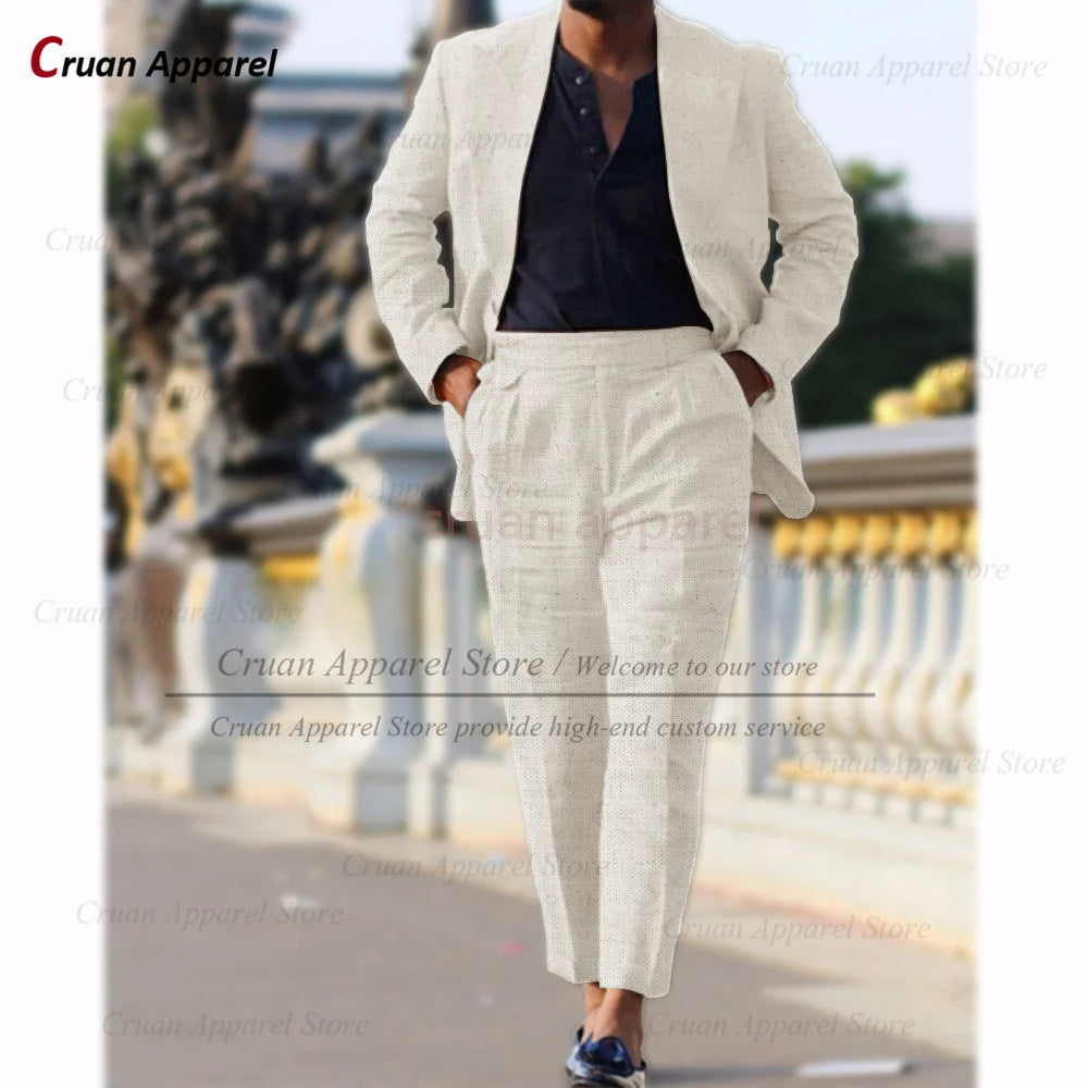 Classic Summer Linen Suit Sets For Men Smart Casual Blazer And Pants 2 Pieces Formal Evening  Fashion Slim Fit Suit Attire