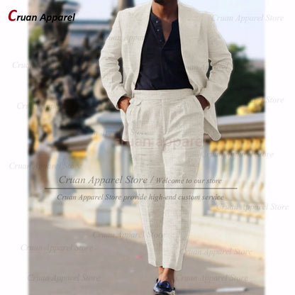 Classic Summer Linen Suit Sets For Men Smart Casual Blazer And Pants 2 Pieces Formal Evening  Fashion Slim Fit Suit Attire