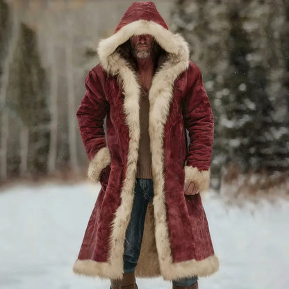 Men's Winter Thickened Hooded Jacket with Fleece Lining Solid Color Coat Long Sleeve Cardigan Style for Casual and Homewear