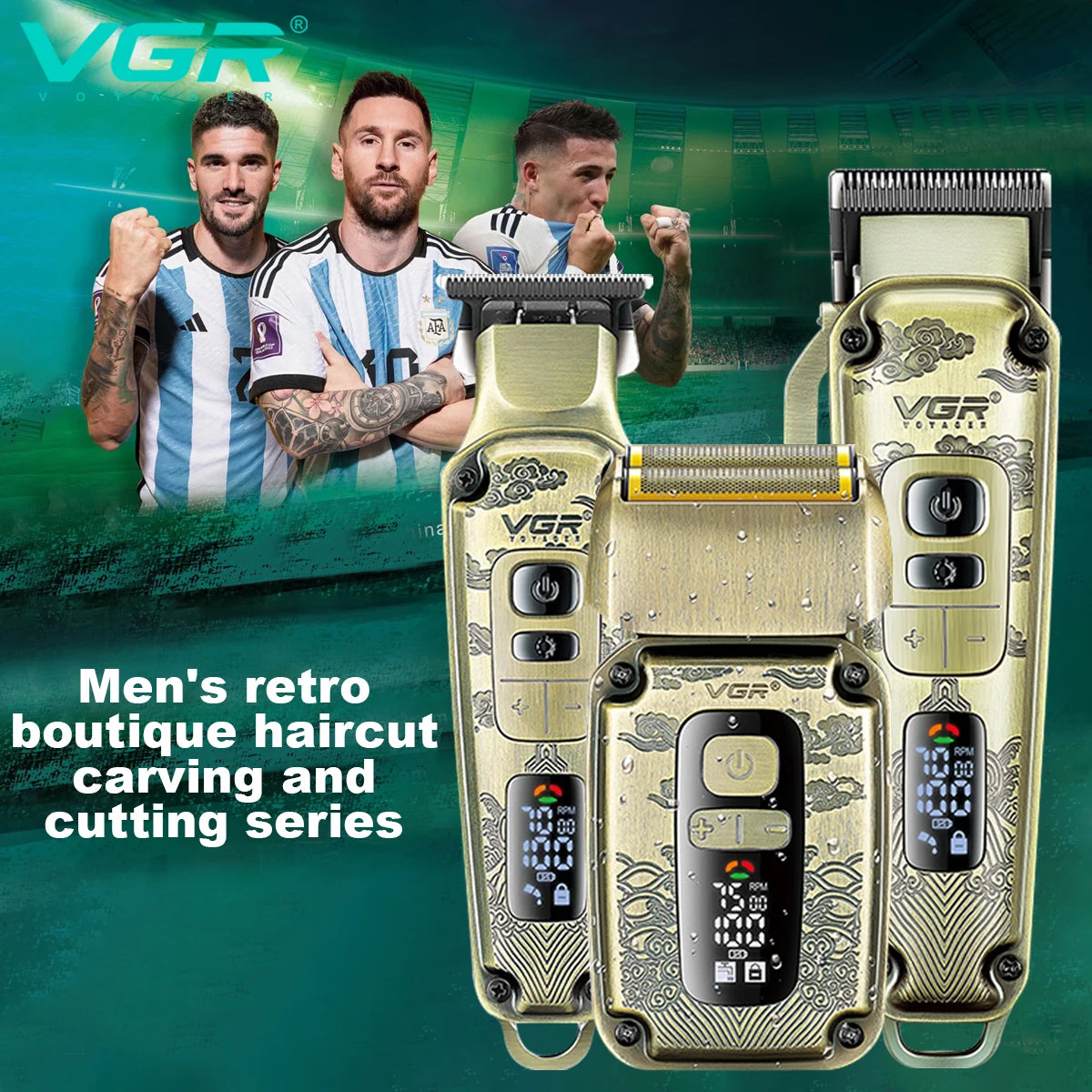 VGR professional high-end hair trimmer set, retro metal electric push shear, home LED intelligent digital hair clipper, shaver