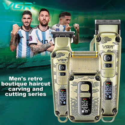 VGR professional high-end hair trimmer set, retro metal electric push shear, home LED intelligent digital hair clipper, shaver