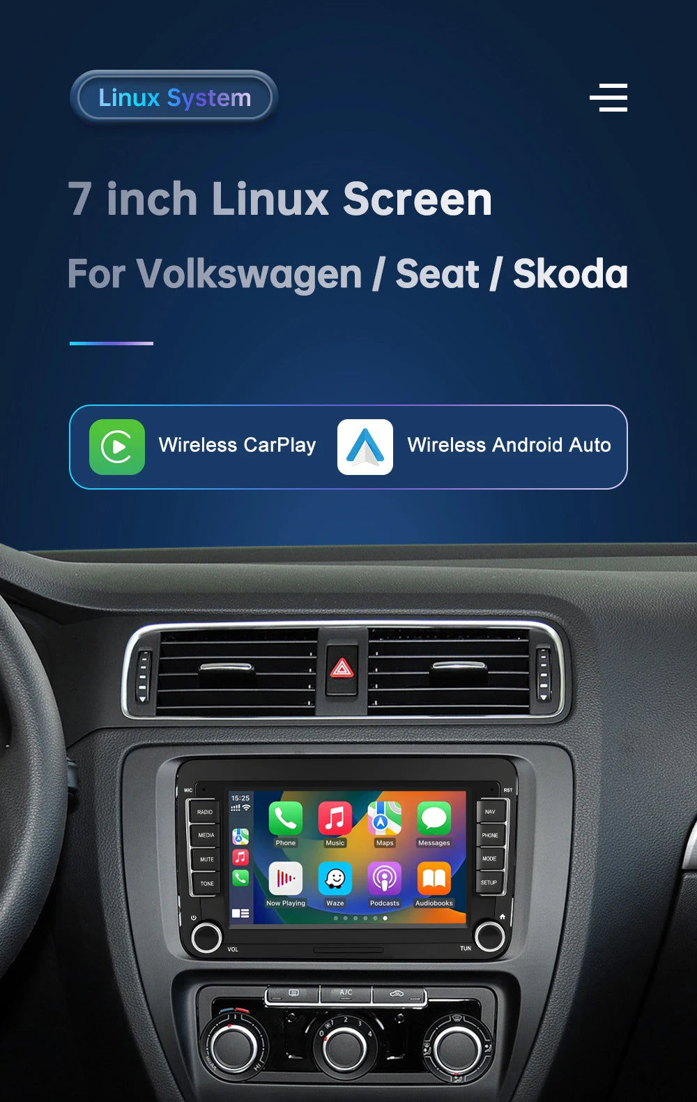 Road Top 7" HD Car Radio Wireless CarPlay Android Auto Stereo Audio For Volkswagen/Seat/Skoda/Passat/Golf/Polo Player