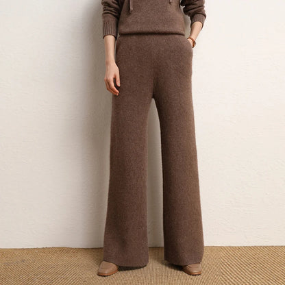 Women's 100% Cashmere Wide Leg Pants Knitted Thick Autumn/Winter Casual Solid Color Elastic Waistband Pockets