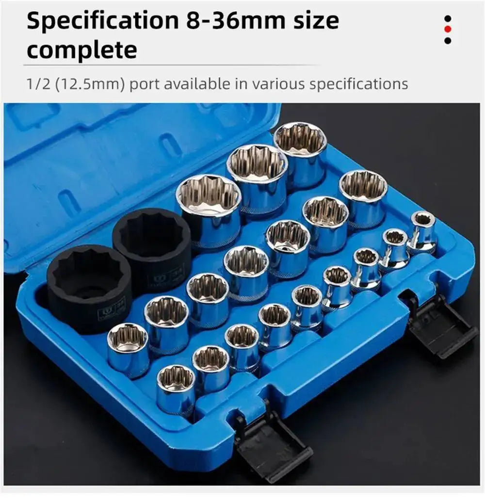 21 Pcs 1/2 Hexagon Torx Sockets Set Ratchet Wrench Tool 8-36mm Specification Socket Head Set Auto Repair Equipment