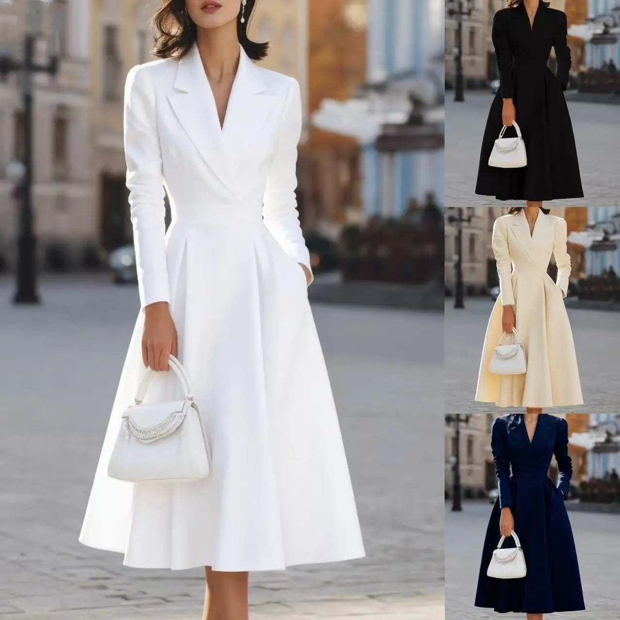 Elegant Long Sleeve V Neck Cinched Waist Pleated Midi Dress for Women Formal Business Occasions