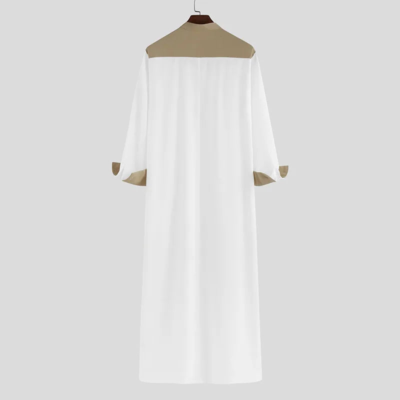 Spring Autumn Loose Muslim Standing Collar One-piece Patchwork Men's Long Robe Breathable And Skin Friendly Solid Color