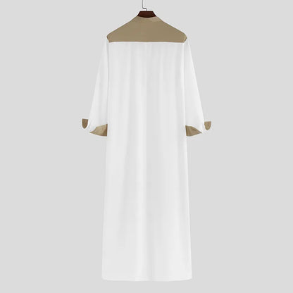 Spring Autumn Loose Muslim Standing Collar One-piece Patchwork Men's Long Robe Breathable And Skin Friendly Solid Color