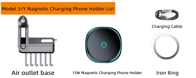 Tesla Model 3/Y: 15W Mag Fast Charge + Airflow Mount, Adjustable/Non-Slip, Nav-Charge Dual, Safe Drive, Luxury Trim