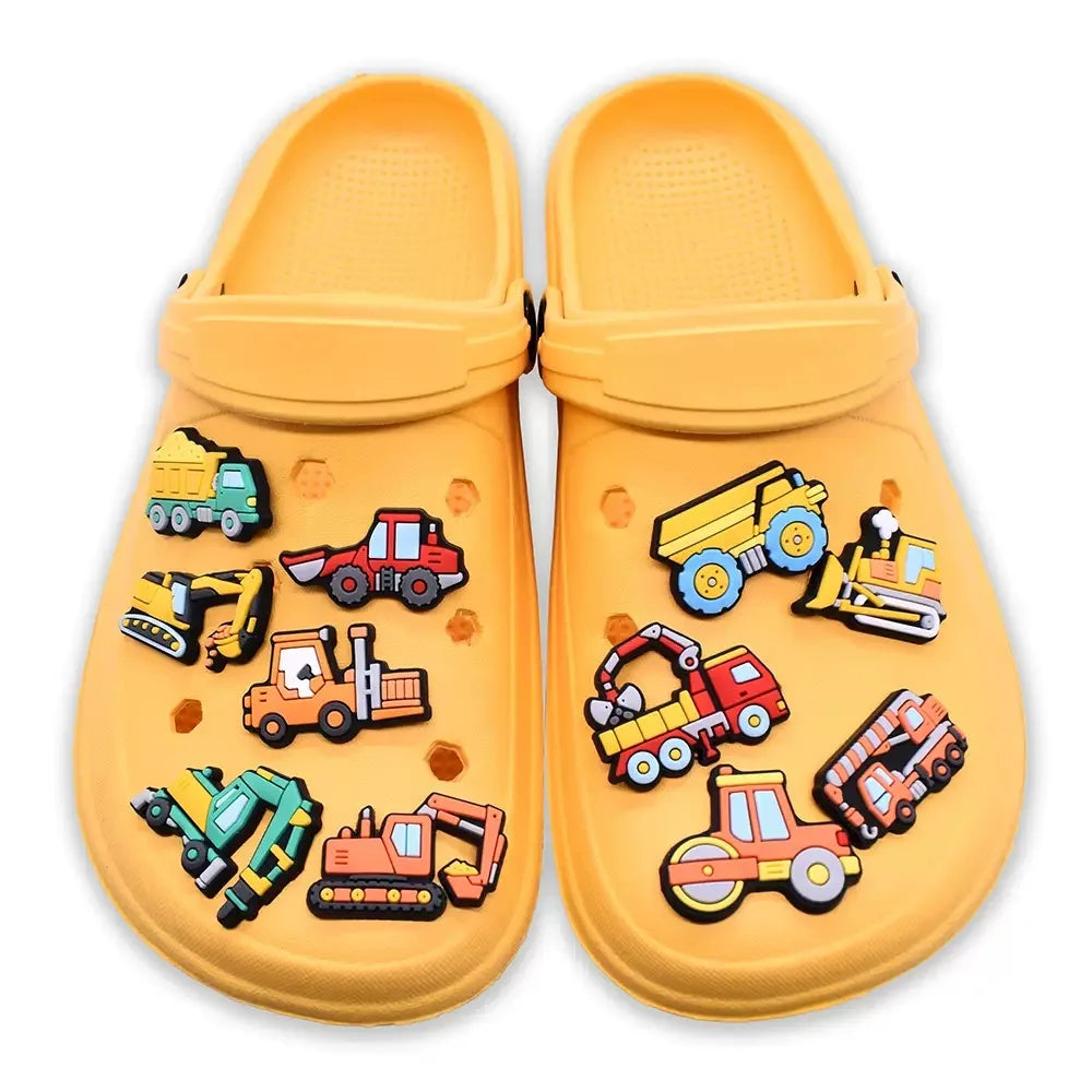 14-100Pcs Mix Engineering Vehicle Shoes Charms Decorations Digger PVC Garden Sandals Button Fit Kids Favorite Birthday Gifts