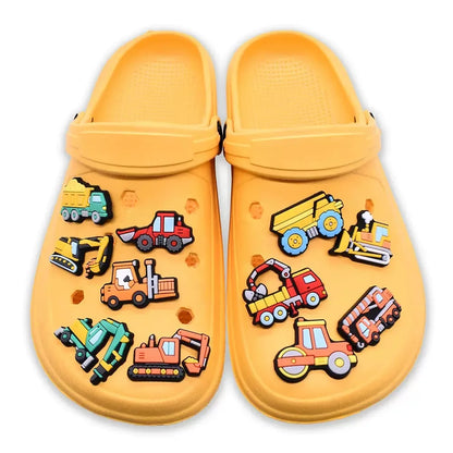 14-100Pcs Mix Engineering Vehicle Shoes Charms Decorations Digger PVC Garden Sandals Button Fit Kids Favorite Birthday Gifts