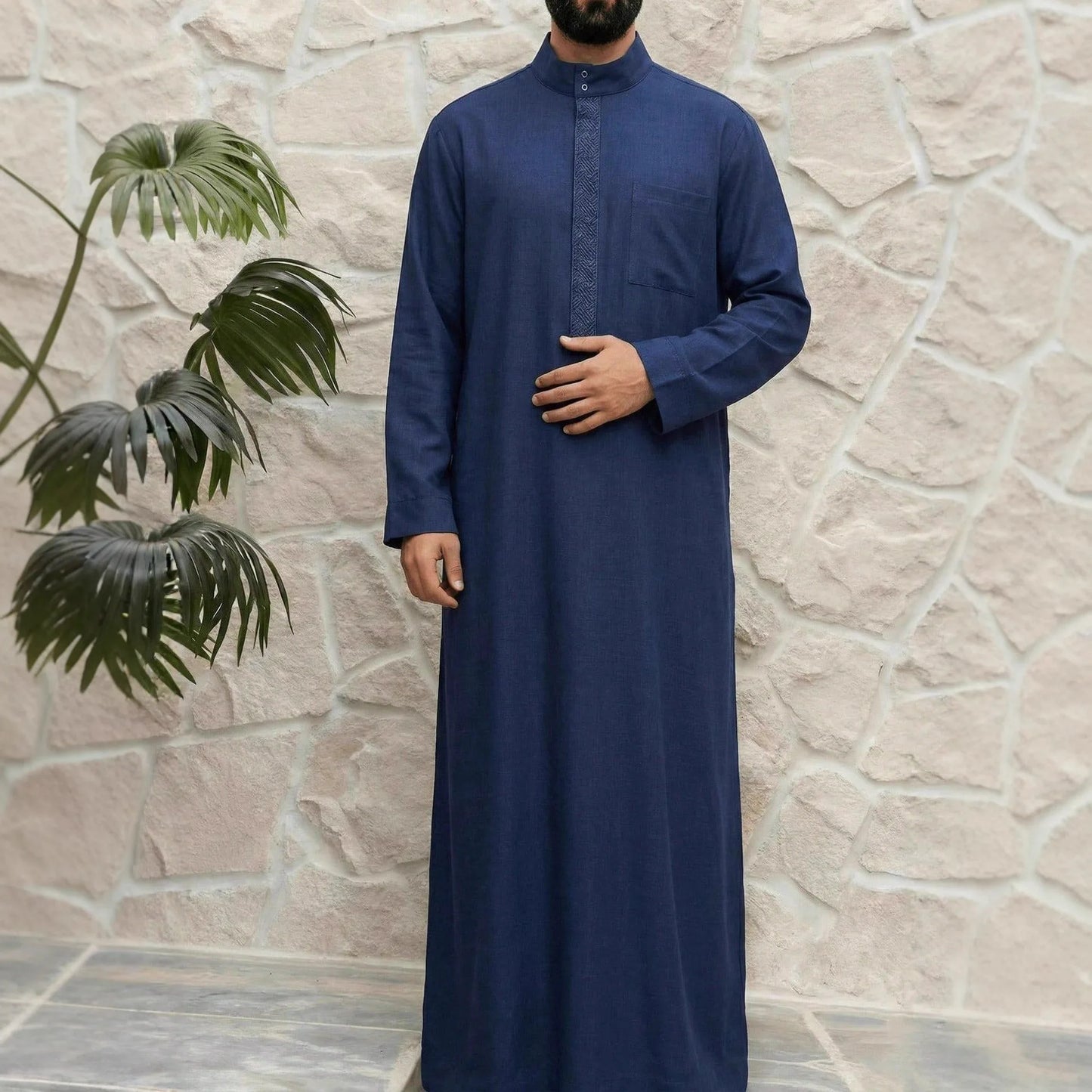 Men's Robe Solid Color Simple Long Sleeve Stand Collar Loose Saudi Islamic Men's Thobe