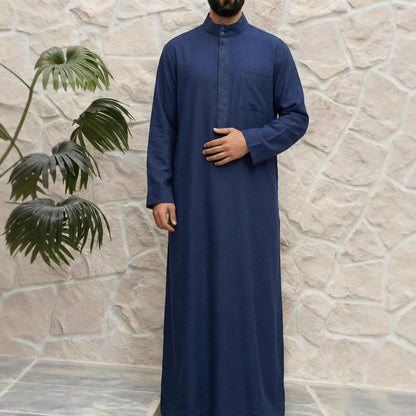 Men's Robe Solid Color Simple Long Sleeve Stand Collar Loose Saudi Islamic Men's Thobe