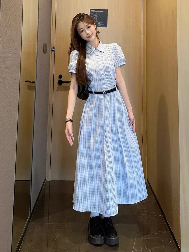 Gentle Wind Beautiful Blue Shirt Dress Women's Summer High-End Waist-Cinching Student Long Skirt Elegant Short Sleeve Knitted...