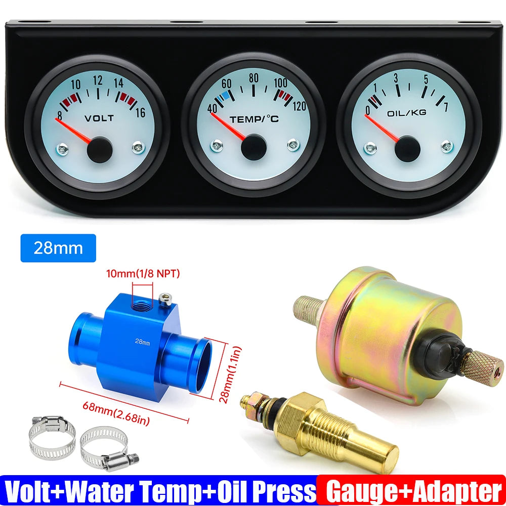 3IN1 Triple Meter Kits Gasoline Car 12V 52mm Voltage+Water Temp+Oil Pressure Gauge with Sensor Radiator Hose Adapter 26MM-40MM