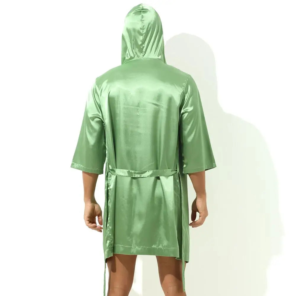 Sexy Sleepwear Men Robes Bathrobes Soft Silky Short Sleeve Nightgown Mens Homewear Dressing Gown Male Pajamas (No shorts)