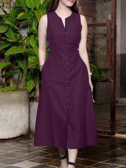 ZANZEA 2025 Summer Sundress Women Stylish Solid Party Holiday Vestidos Elegant V Neck Sleeveless Midi Dress Robe Femme Kaftan