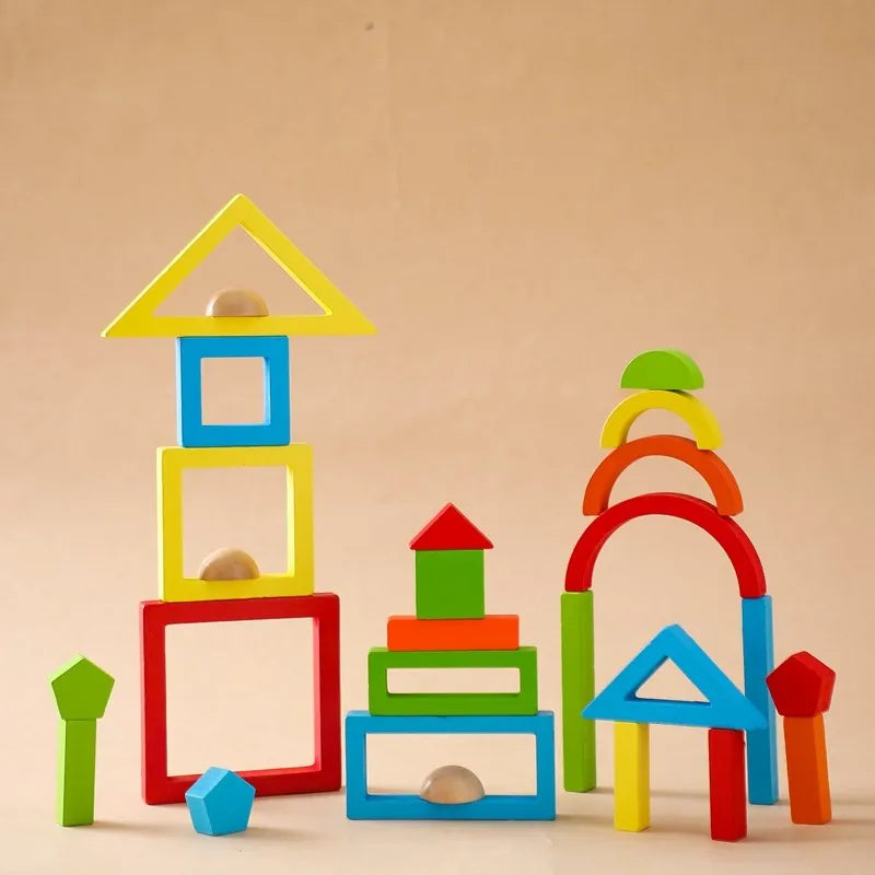 Montessori Wooden Block Toys Baby Building Rainbow Stacking Block Toy for Kids Arch Educational Game Balance Stacking Block Gift