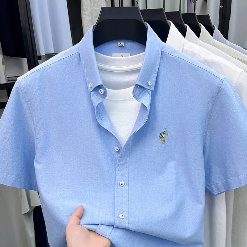 High-end Embroidered Summer 100% Cotton Short-sleeve Shirt for Men, Embroidered Youth Shirt, Business Casual Half-sleeve