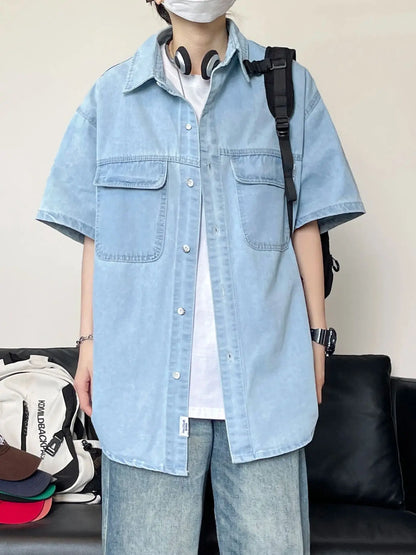 Workwear style denim short sleeved shirt with women's doubles pockets, loose and slimming  versatile daily top