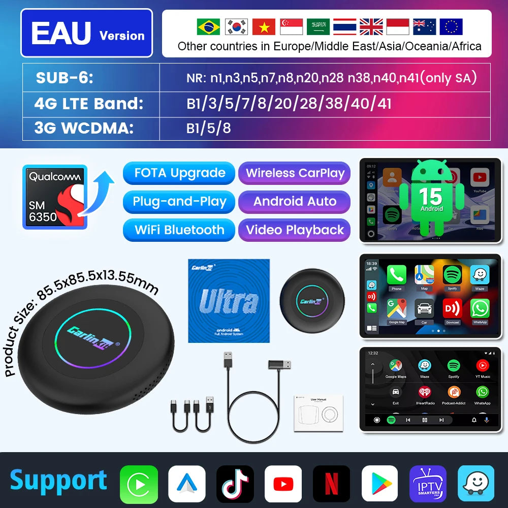 CarlinKit 3 In 1 Android 15 CarPlay Ai Box Wireless Adapter Android Auto Qualcomm SM6350 128GB 8-Core for Youtube Netflix FOTA