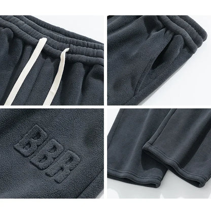 Winter Velvet Lining Trousers Men Outdoor Jogger Sweatpants Neutral  Solid Color Baggy Thickened Winter Fleece Loose Cargo Pants