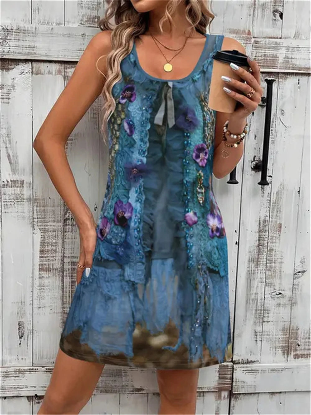 New Summer Cowboy Style Women Mini Dresses Sleeveless 3D Printed Street Fashion Ladies Dress 3XL Plus Size Loose Casual Dress