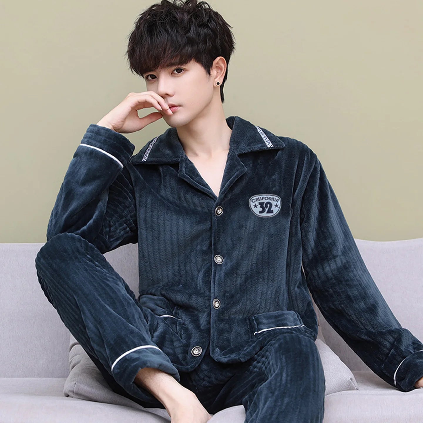 Men's Thickened Flannel Pajamas Coral Fleece Home Clothes Cardigan Set Long Sleeve Long Pants Soft Warm Winter Autumn Sleepwear