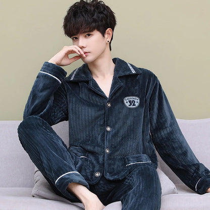 Men's Thickened Flannel Pajamas Coral Fleece Home Clothes Cardigan Set Long Sleeve Long Pants Soft Warm Winter Autumn Sleepwear