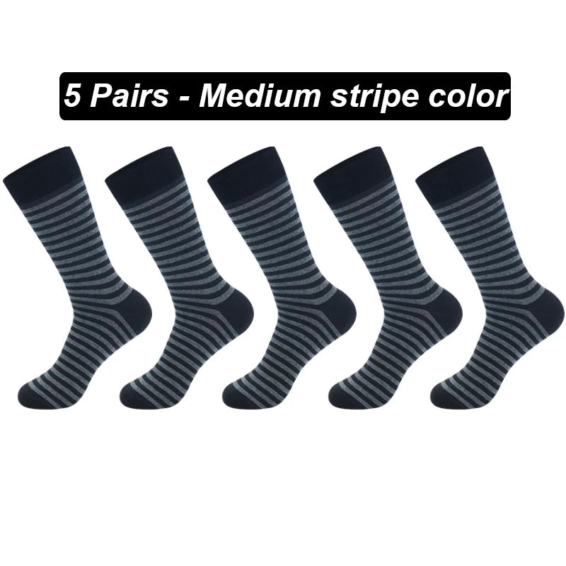 5Pairs High Quality Men's Long Socks Striped Solid Color Business Sports Breathable New Male Black Plus Size EU40-47