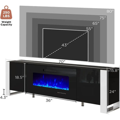 Fireplace TV Stand with 36" Fireplace, 70" Modern Entertainment Center with High Gloss Doors & LED Lights, U-Shaped Legs TV Cons