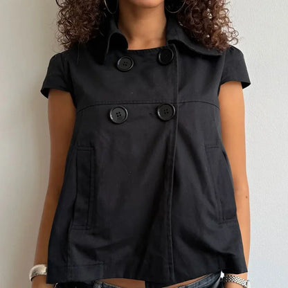 Solid color button short sleeved polo neck T-shirt with waist cinching and wide hem, American casual women's shirt
