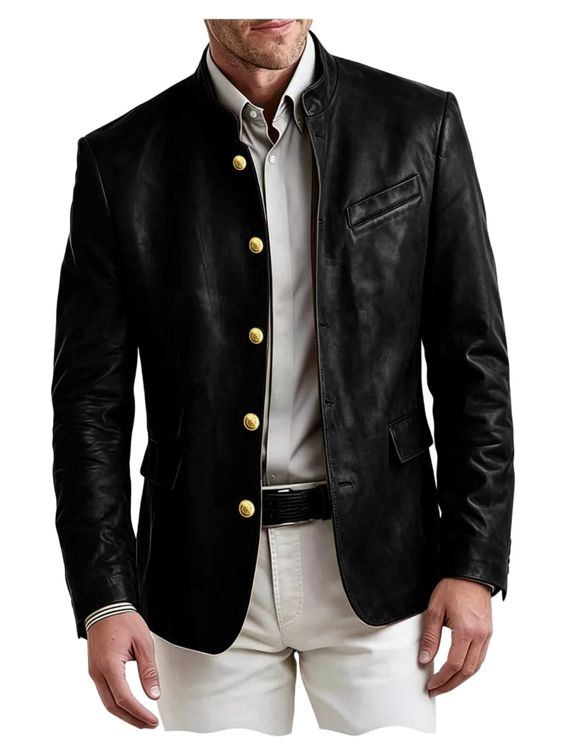Men's Stand Collar Leather Blazer Slim Fit Single Breasted Golden Metal Buttons Multi Pocket Coat For Business Wedding Daily