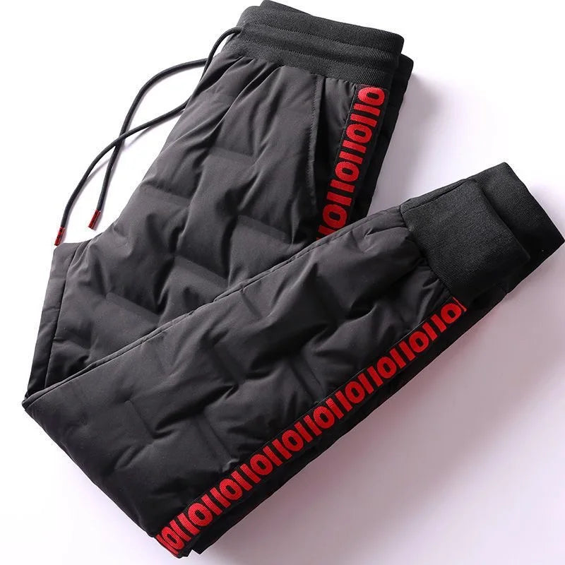 Men's Outdoor Casual Duck down Trousers Winter Windproof Waterproof Cold Resistant Cotton Pants Long Drawstring Waist