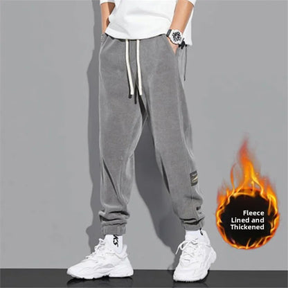 Trendy Retro Corduroy Joggers Men's Autumn Winter 2025 New Fleece Lined Loose Sports Casual Pants Comfortable Long Trousers