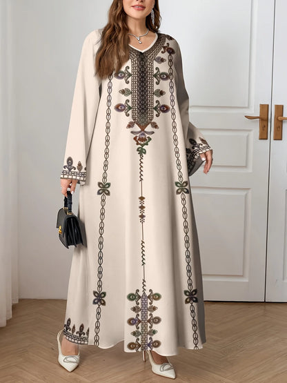 Middle Eastern Elegant Robe, New Spring and Autumn Style, Plus-Size Fashion Women's Clothing, Ethnic Print, Stylish, Loose and Comfortable, Holiday Style Long-Sleeve Dress