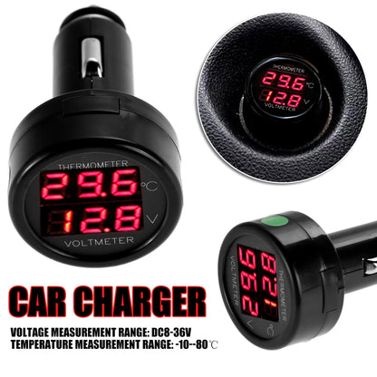 2 IN 1 12V 24V Car Voltmeter Thermometer Cigarette Lighter Car Battery Monitor LED Digital Dual Display For Cars Trucks RVs Boat