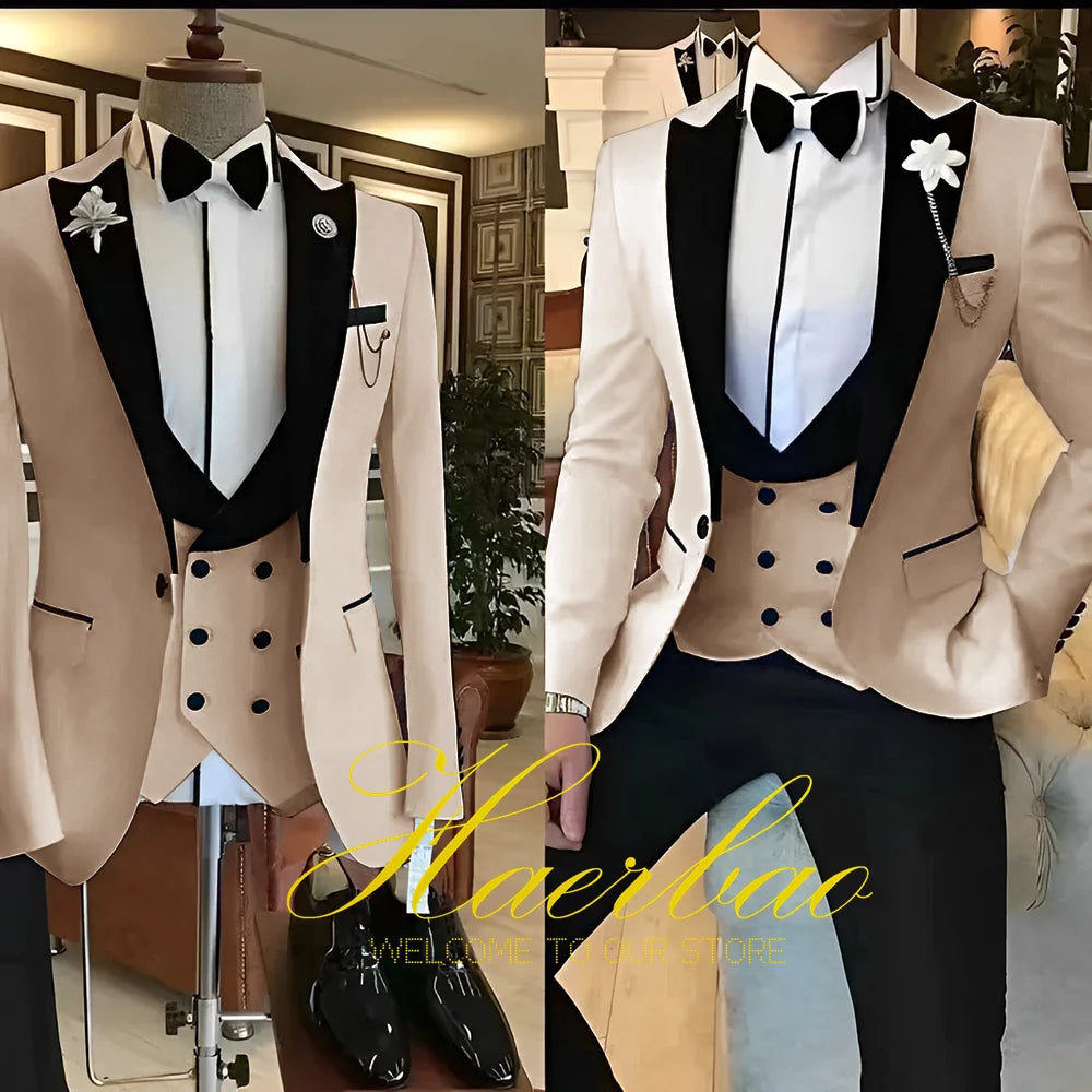 White Men Suits 3 Piece Slim Fit Groom Tuxedos for Wedding Groomsmen Italian Style Suit Jacket with Double Breasted Vest Pants