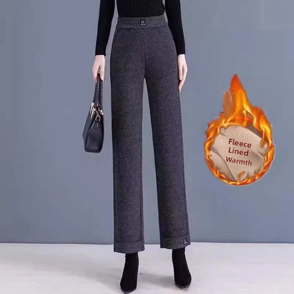 Women's Winter Fleece Lined Straight Leg Pants High Waist Casual Trousers Nine Point Length Autumn Winter Outerwear Versatile