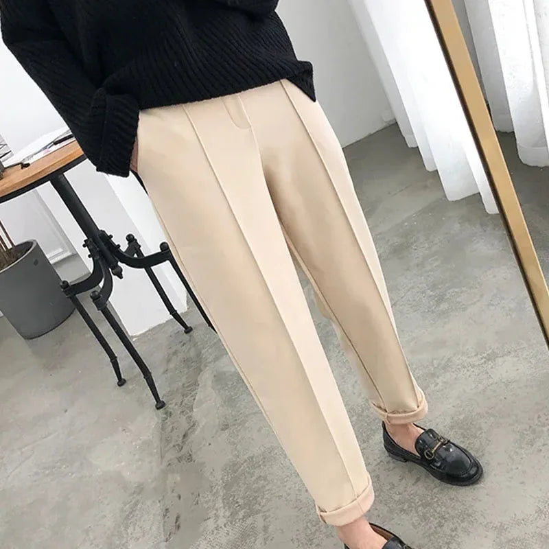 New Simple Warm Pants Women Casual Elastic Waist Pant Autumn Winter Thicken OL Wool Female Pants Loose Lady Trousers Capris