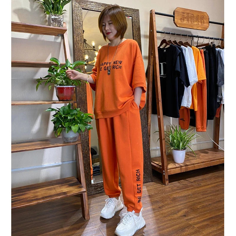 Summer New Casual Sports Set Women's Trendy plus Size Fashion Letter Short Sleeve Long Pants Fat Sister Two-Piece Set Trendy