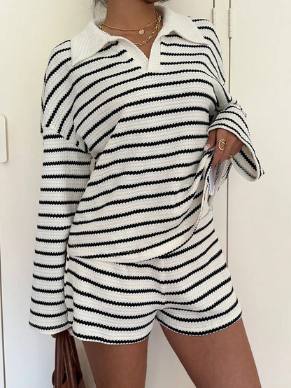 Women Striped Shorts Set Long Sleeve T-Shirt And Loose Casual Pants Breathable Two Piece Outfits For Summer Daily Loungewear