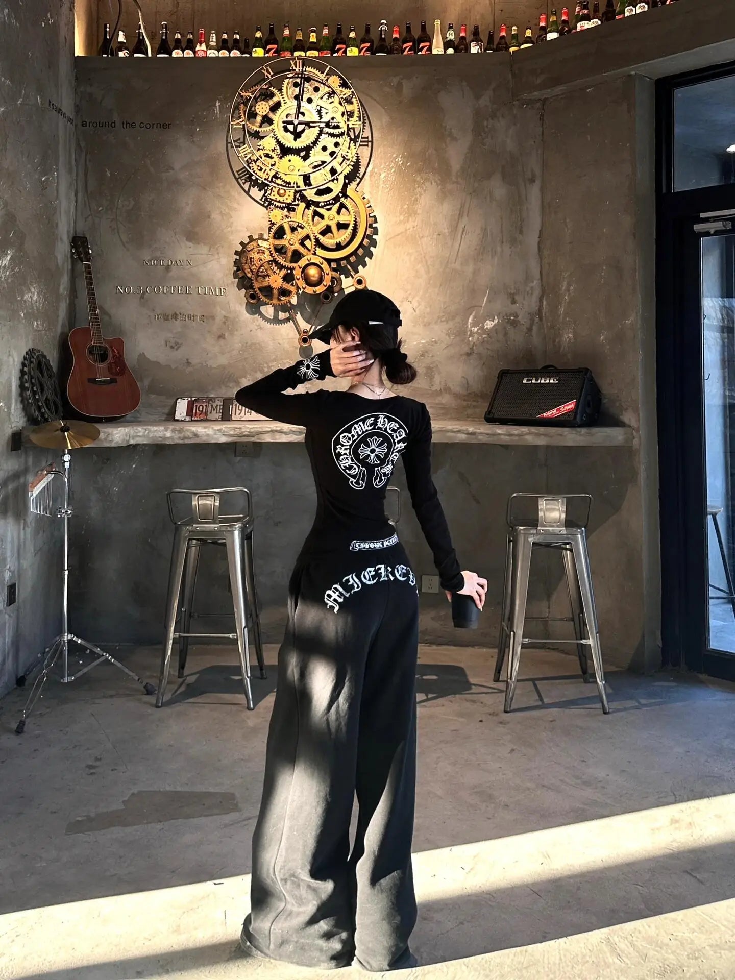 American Style Long Sleeve round Neck Slim Fit Casual Pants Set Letter Print Elastic Waist Straight Leg Women's Fashion Ensemble