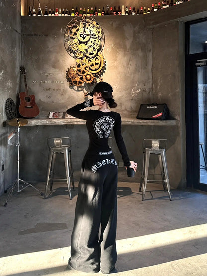 American Style Long Sleeve round Neck Slim Fit Casual Pants Set Letter Print Elastic Waist Straight Leg Women's Fashion Ensemble