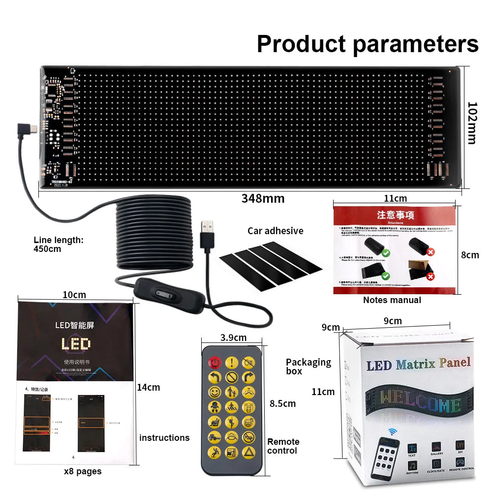 Scrolling Advertising LED Car Sign USB RGB Custom Animation Programmable Text Pattern App Control Bluetooth Logo Light Display