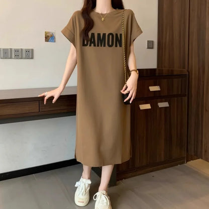 Women's Loose Letter Print T-Shirt Dress Summer Casual Short Sleeve Midi Dress Oversized Streetwear Female Long Dress