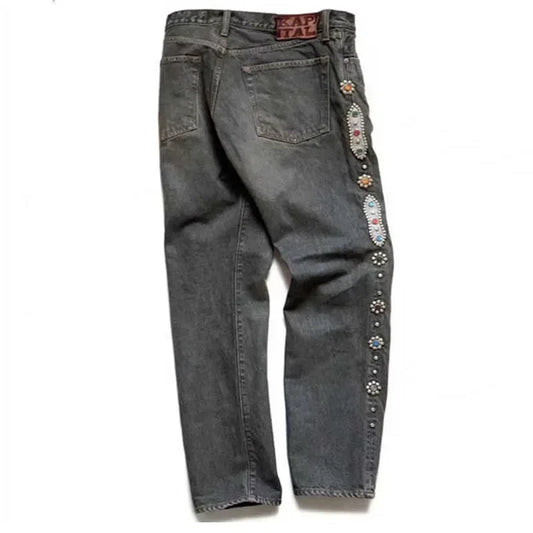 Japan Style KAPITAL 24SS Classic Rivet Set Diamond Casual Cowboy Gemstone Craft Men Jeans Pants