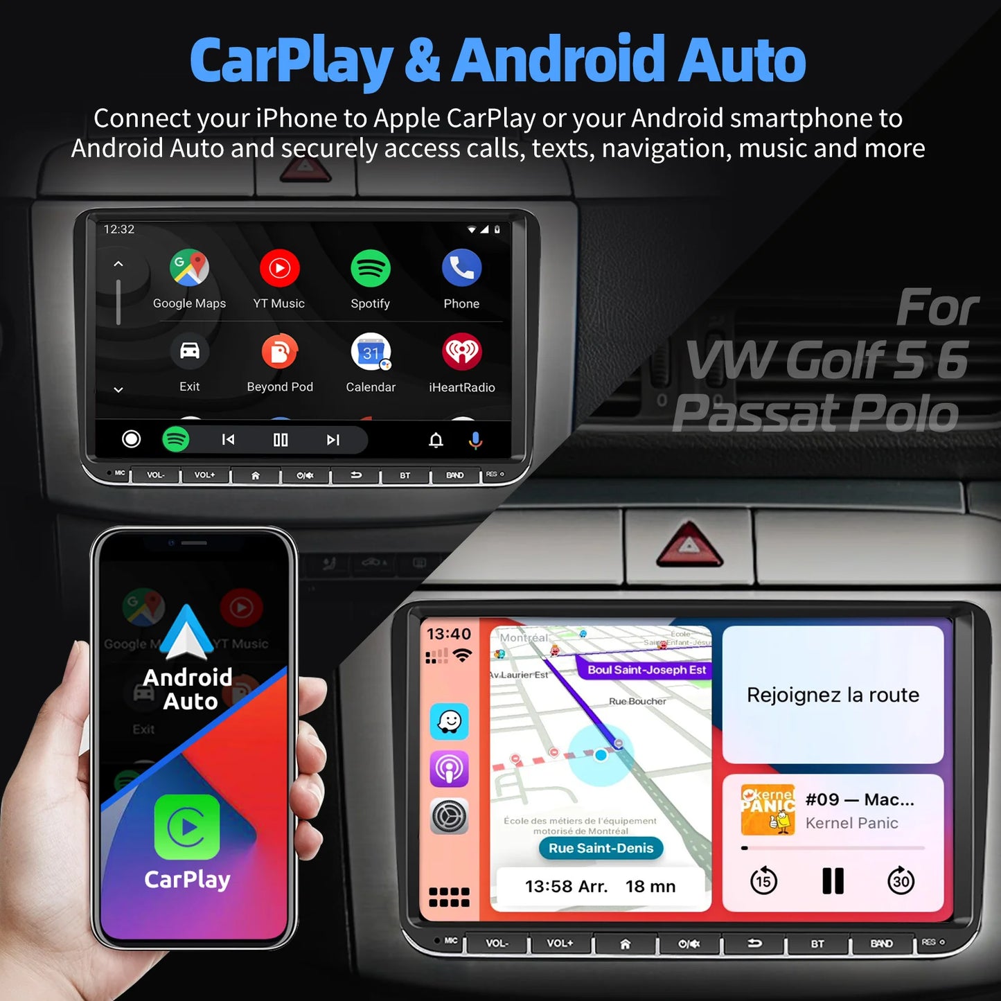 9" Android 15 4+64Gb for Vw Golf Mk5 Mk6 Passat Polo Touran Tiguan Caddy Car Stereo Radio Wifi Carplay Gps Navi Fm Bt+Dvr&Ahd